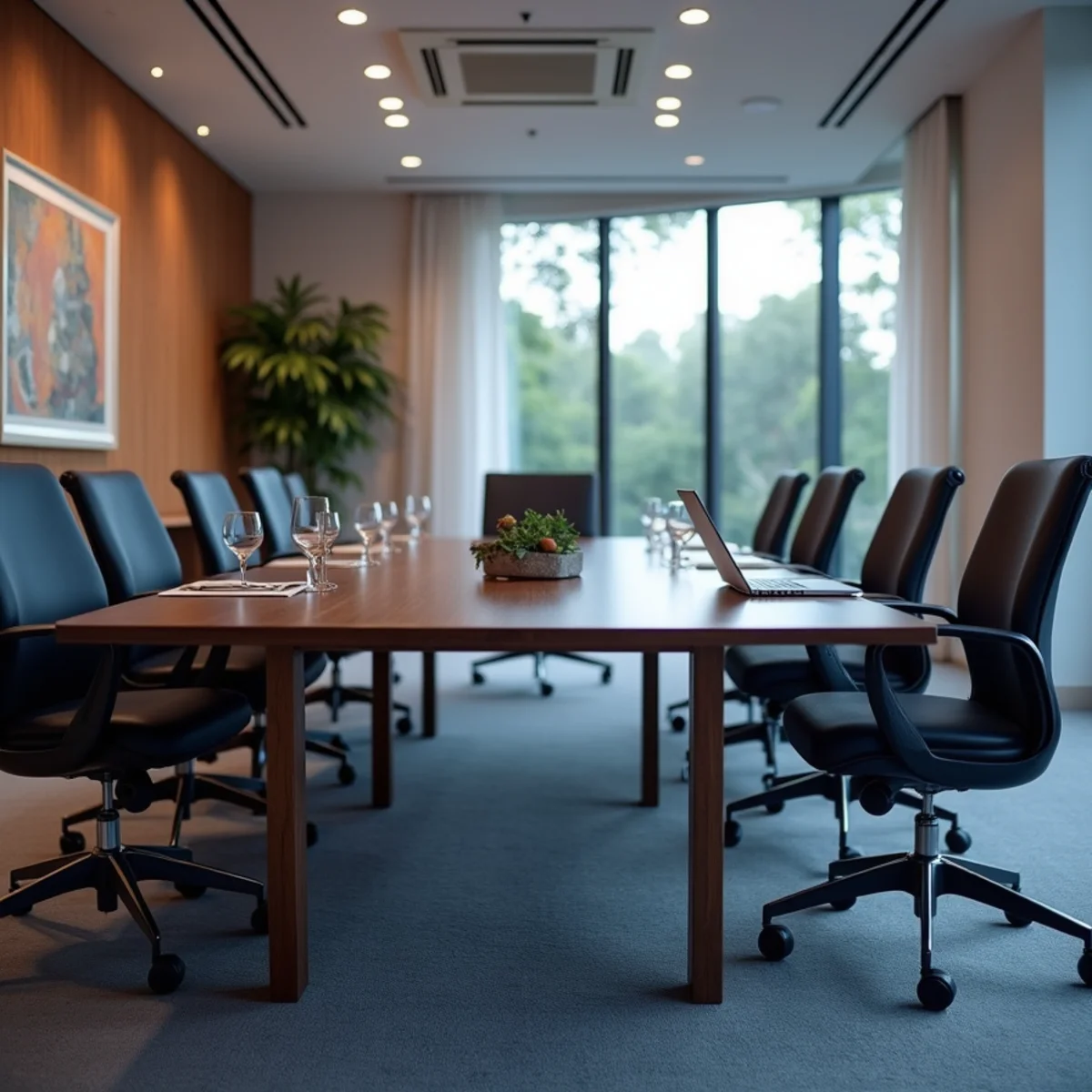 Sanitized executive conference room and polished table in Long Island office building