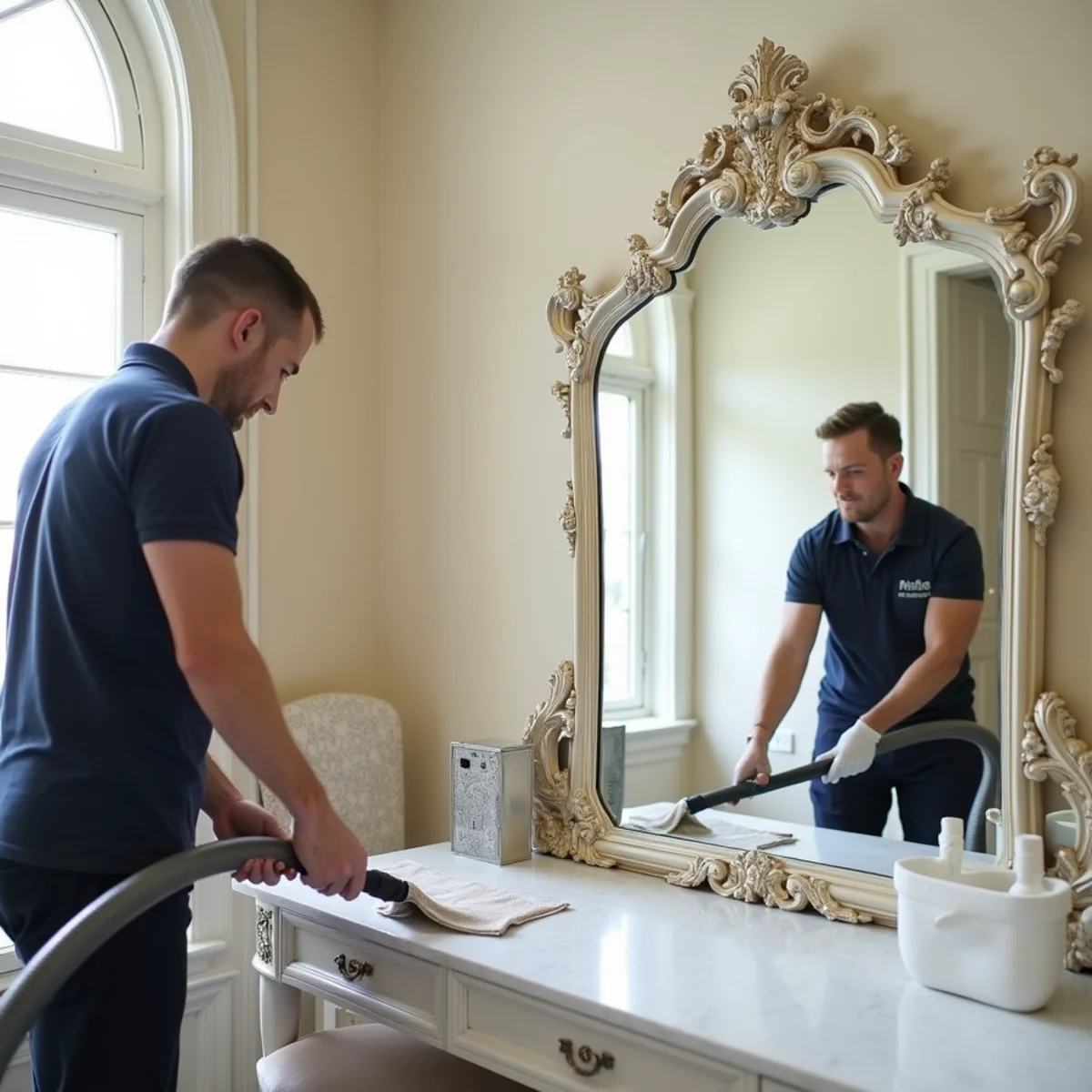 Floor buffing and venue preparation before an elegant Long Island wedding reception